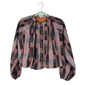BTFL-Life Plaid Button Down Cropped Long Sleeve Blouse XS Balloon Sleeve Girly
